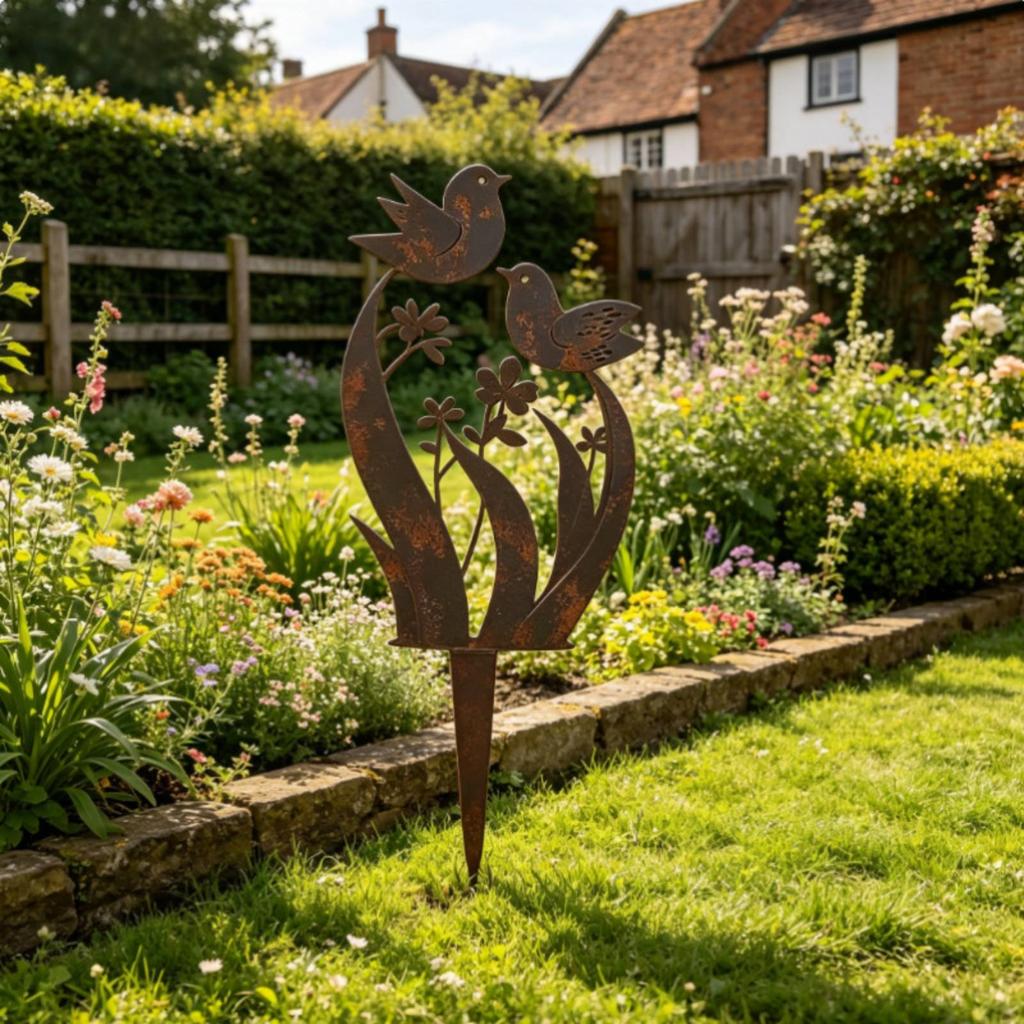 35CM Bird and Wildflower Stake Long-Lasting Bird and Flower Garden Stake Rustic Garden Art Easy to Install Rustproof