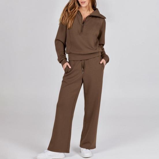 Damen Zweiteilige Outfits Herbst Casual Halber Reißverschluss Trainingsanzug Lounge Set Langarm Pullover Oberteil Und Weitbeinige Hose Trainingsanzug Sets