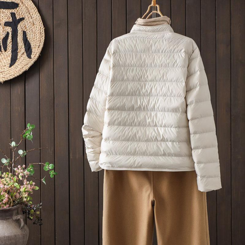Stand-up Collar Thin Down Jacket Women's Autumn and Winter New Loose Warm White Duck Down Light Literary and Retro Coat