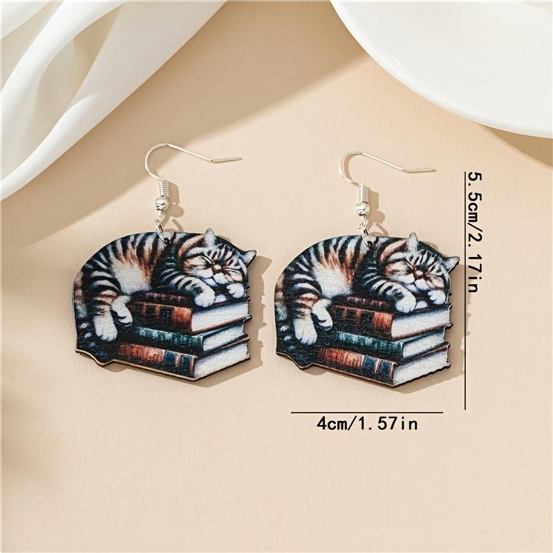 New School Season Graduation Season Cat Book Pendant Wooden Double Sided Earrings Back to School Teachers' Day Gift