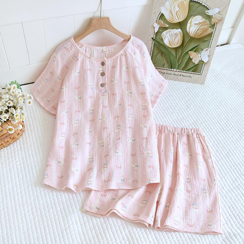 Damski letni zestaw piżamowy z czystej bawełny - Słodki, Przewiewny, Krótki rękaw i Szorty