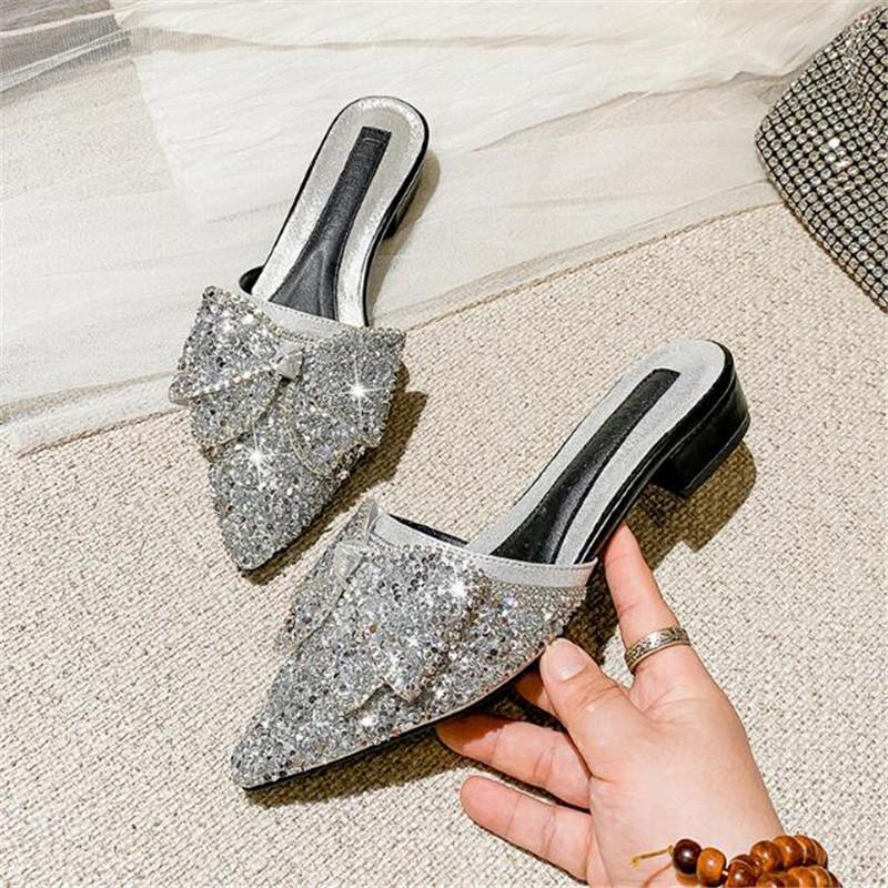Women Slippers Fashion Rhinestone Sequins Slip On Square Heel Pumps Lady Classic Black Beige High Quality Comfort Summer Shoes
