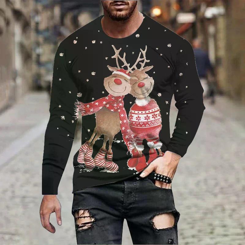 Funny Reindeer 3D Printed T-shirt Men's Christmas Hip-hop Street Wear Long Sleeved T-shirt Harajuku Top Children's T-shirt