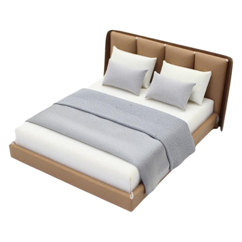 1/20 Dollhouses Bedroom Miniature Double Bed and Beddings Realistic Modern Interior Design Room Scene Display Accessory