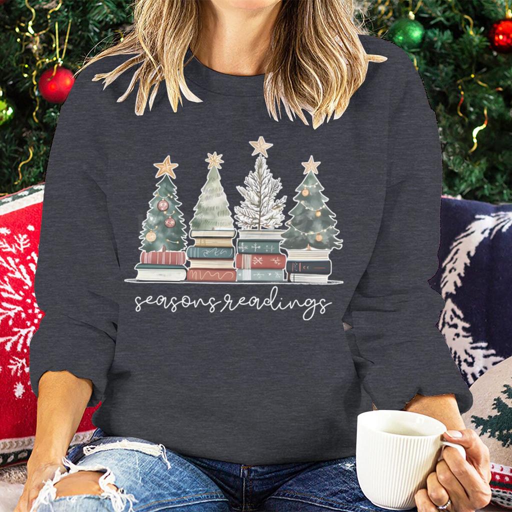 Weihnachtszeit Damenbekleidung Sales Weihnachtsbaum Buchsaison Lesen Grafik-Sweatshirts Weihnachten Feiertag Damenpullover