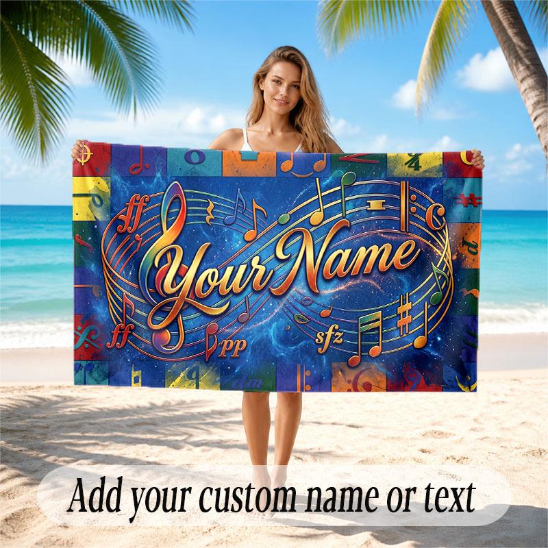 Music General Theme Beach Towel Personalized Custom Name & Text Soft Quick Dry Beach Towel for Swimming Travel