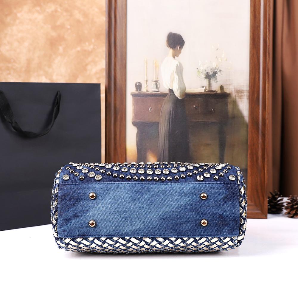 New Women'S Fashion Washed Denim Tote Bag, Large-Capacity Elegant Diamond-Encrusted Single-Shoulder Crossbody Bag