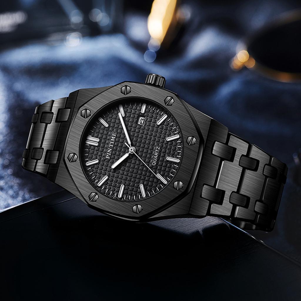 PINTIME Orologi da uomo di lusso automatici con data, impermeabili, luminosi, al quarzo, in acciaio inossidabile, sportivi.