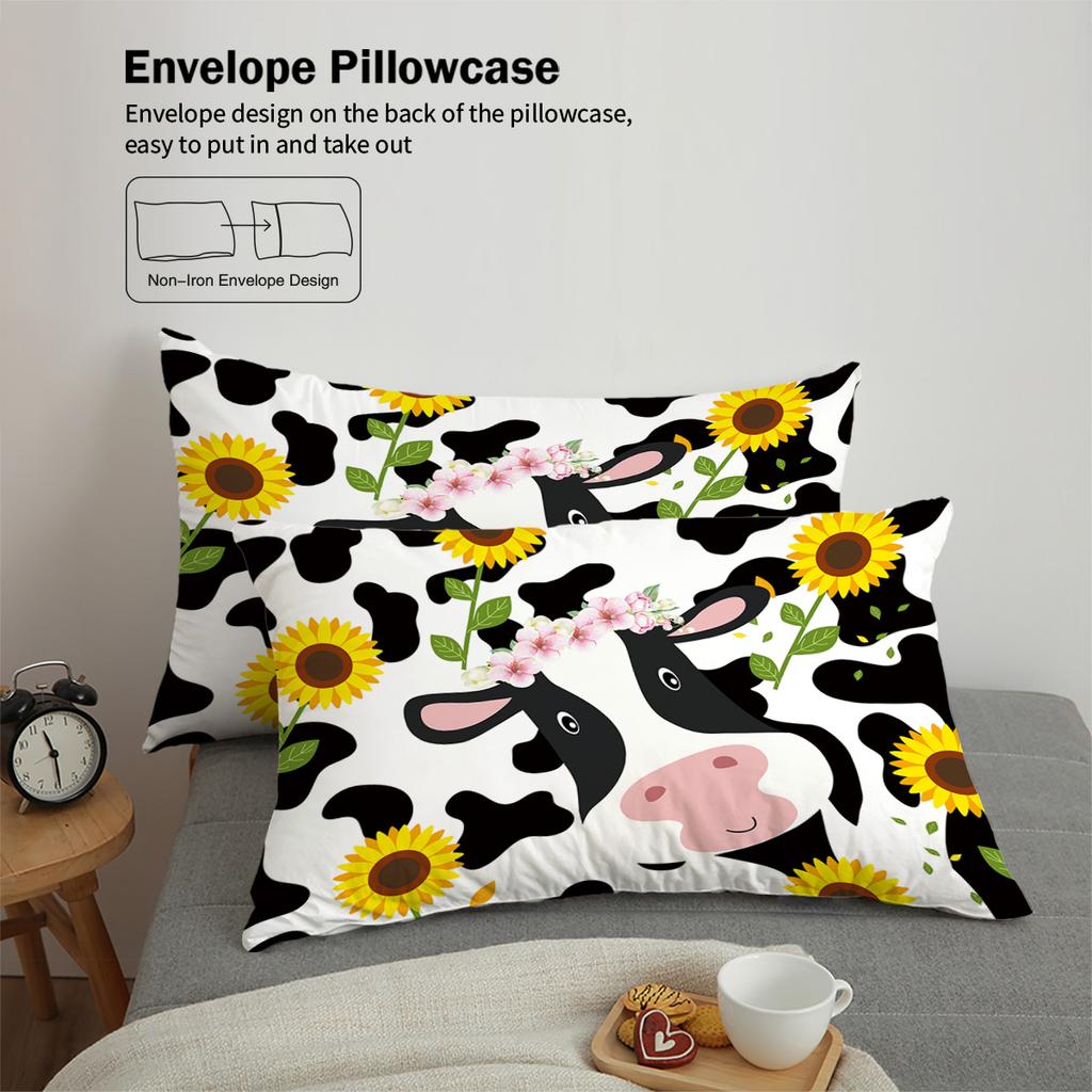 3-piece rural farm style cow flower pattern printed down duvet cover (1 duvet cover+2 pillowcases, no core) bedding set