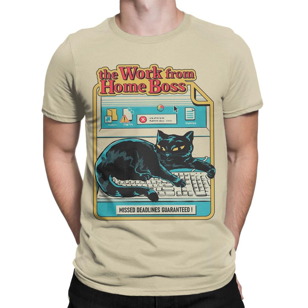 Vintage Work from Home Boss Cat Playing Computer Games T-Shirt Men Pure Cotton T Shirt Short Sleeve Tee Shirt Plus Size Clothing