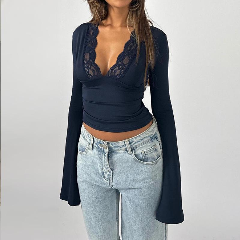Best Seller Spicy Girl Lace-Trim Slim V-Neck Patchwork Micro-Flare Long Sleeve Top Medium