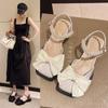 Baotou sandals women's 2025 new summer bow pearl low medium heel small leather shoes wedge heel women's single shoes women's shoes