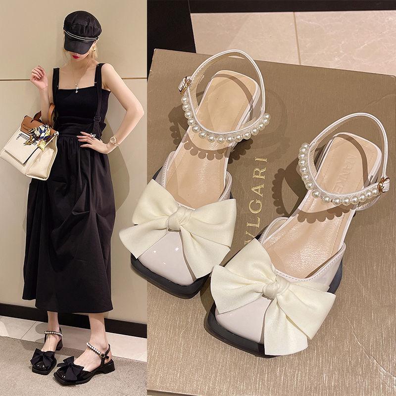 Baotou sandals women's 2025 new summer bow pearl low medium heel small leather shoes wedge heel women's single shoes women's shoes