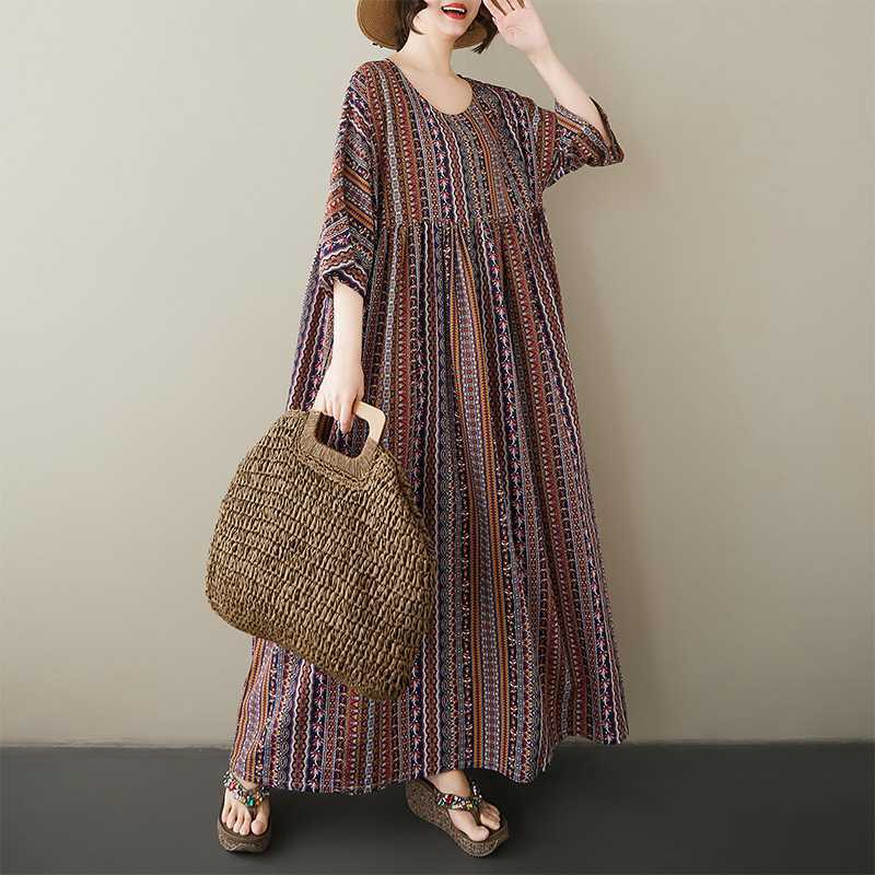 Summer Retro Age Reducing Ethnic Style Round Neck Short Sleeved Striped Dress
