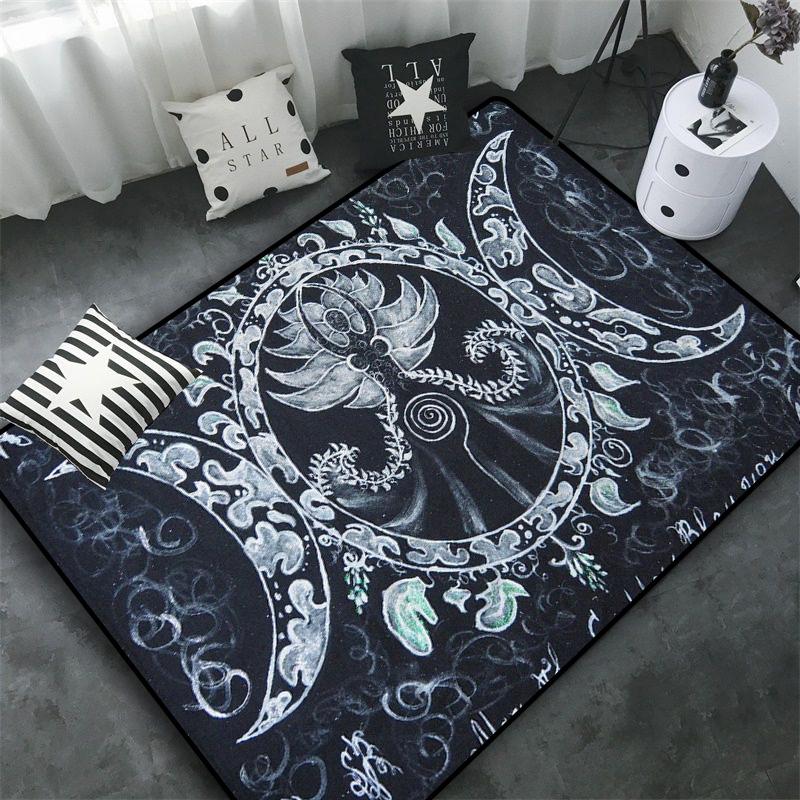 Triple Moon and Pentagram Altar or Tarot Witchy Floor Mat Black Witch Rug Gothic Decor Phases Divination Runic Carpet