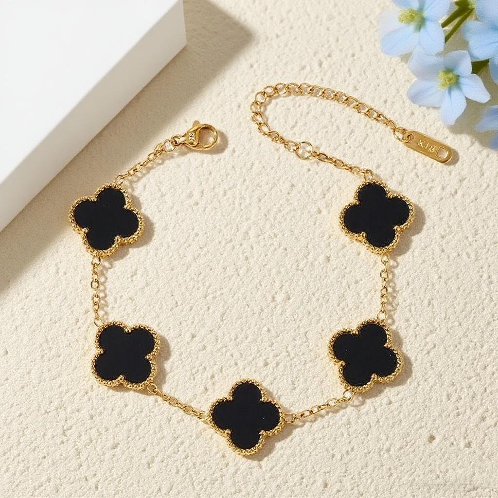 

Браслет из титановой стали 13 мм Счастливый четырехлистный клевер - 18K, не тускнеющий, для ежедневной носки, дофаминовые украшения чёрный