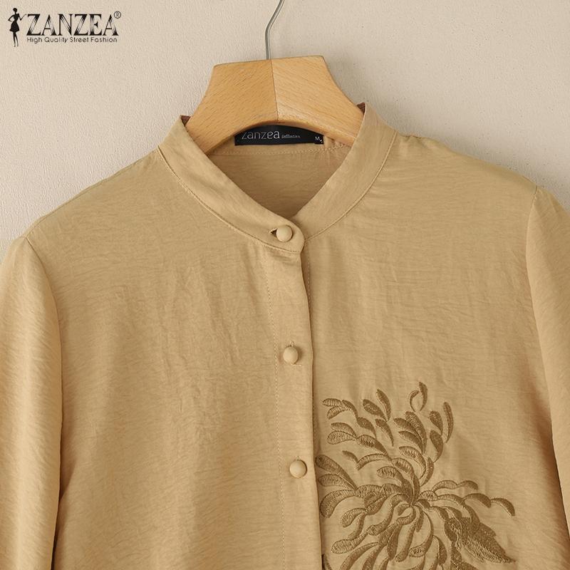 ZANZEA Women Casual Stand Collar Loose Long Sleeve Embroidery Blouse