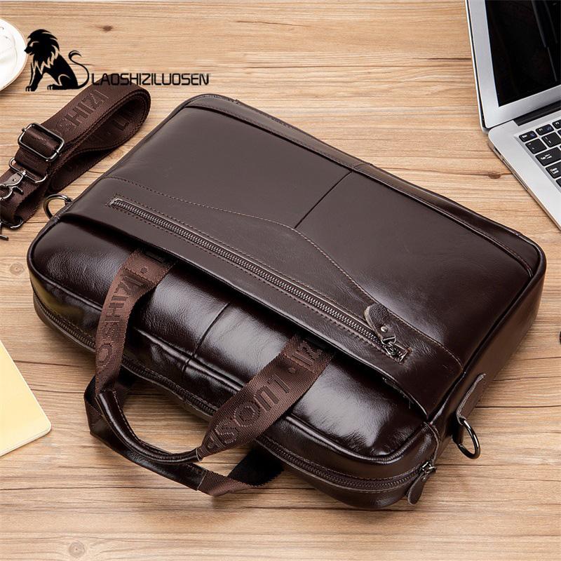 LAOSHIZI Men's Briefcase Male  Genuine Leather Messenger Bag Documents Bag Crossbody Bag