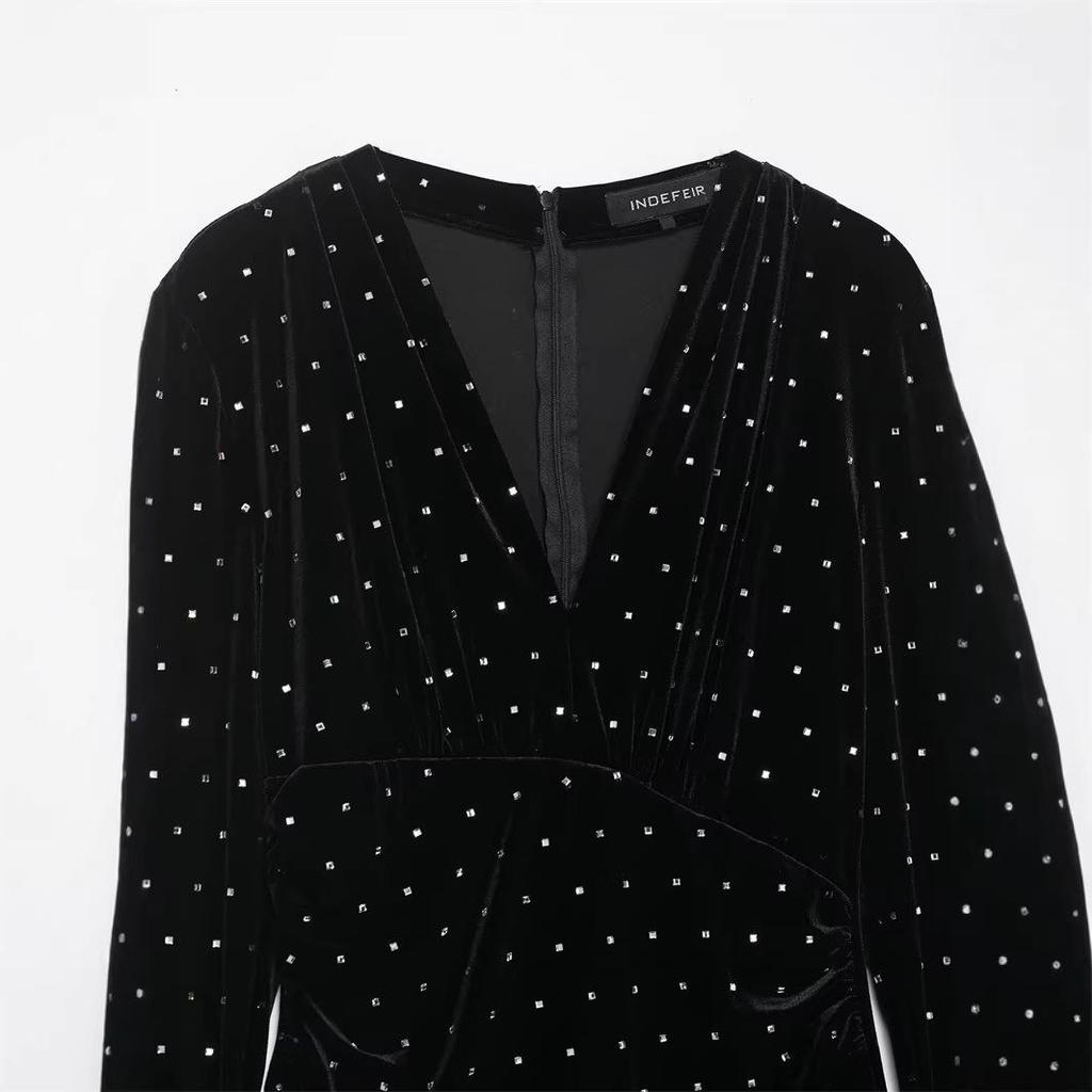European & American Style 2025 Winter Shiny Beaded Velvet Dress
