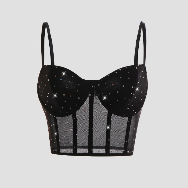

Black Rhinestone Mesh Corset Top Spaghetti Strap Sweetheart Bustier Crop Top S чорний