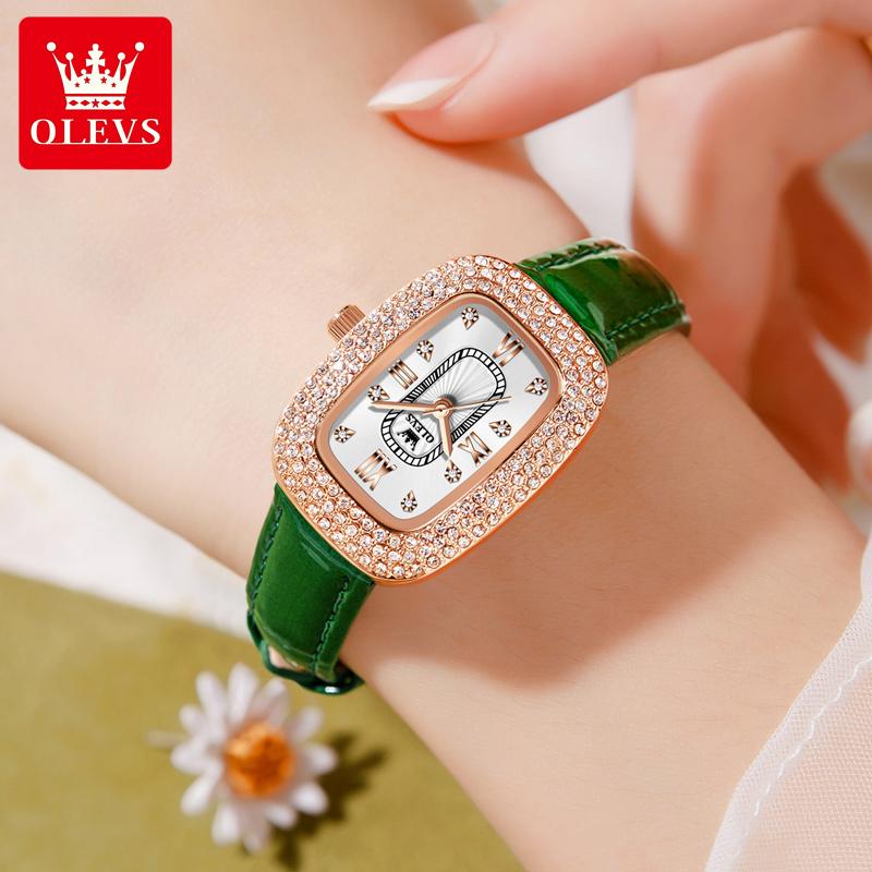 New Ladies Quartz Watch Luxury Full Diamond Dial Waterproof Green Leather Strap Fashion Quartz Women's Watch