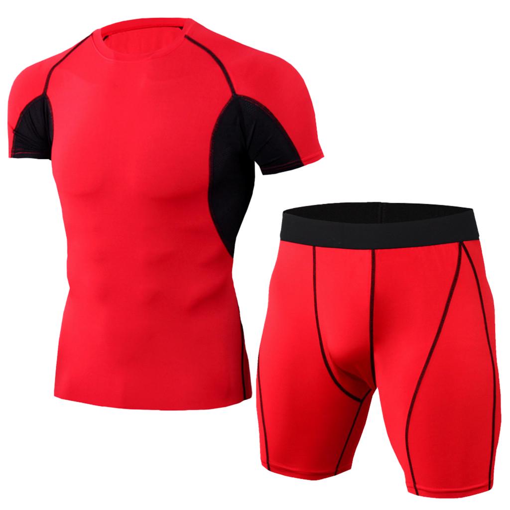 Men's Elastic  Fitness T-shirt Fast Drying Tops Short  Pants Sports Tight Suit