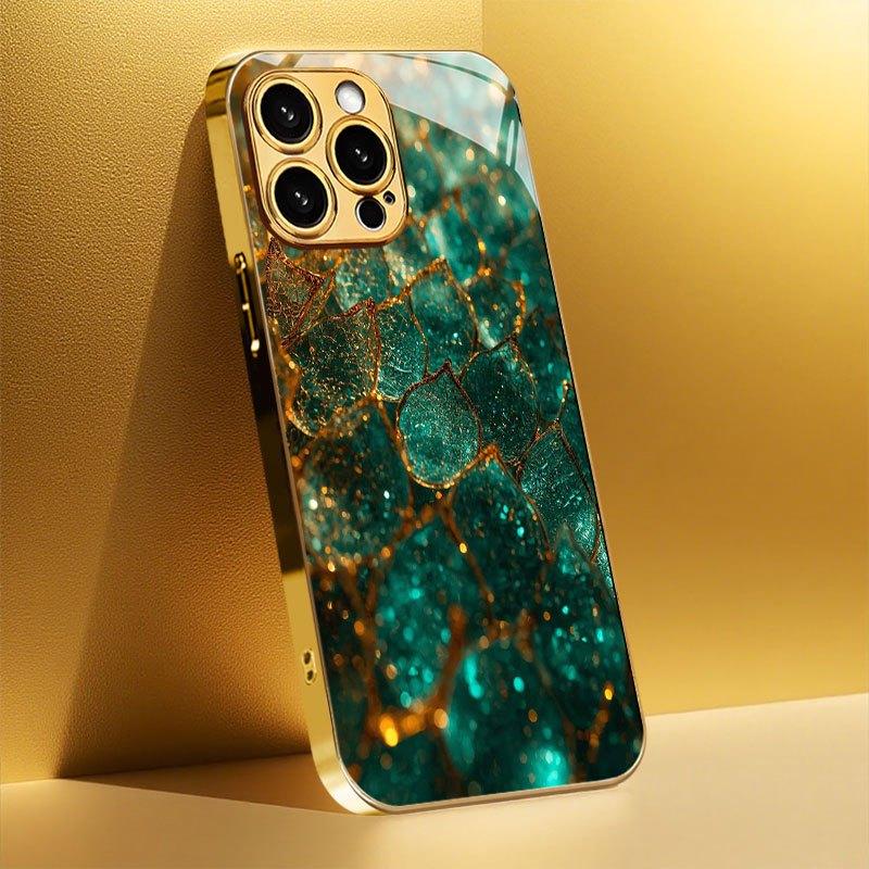 Zelený křišťál pozlacený vzor listu galvanicky pokovené tvrzené sklo kryt na telefon vhodný pro iPhone 17 16 15 14 13 12 11