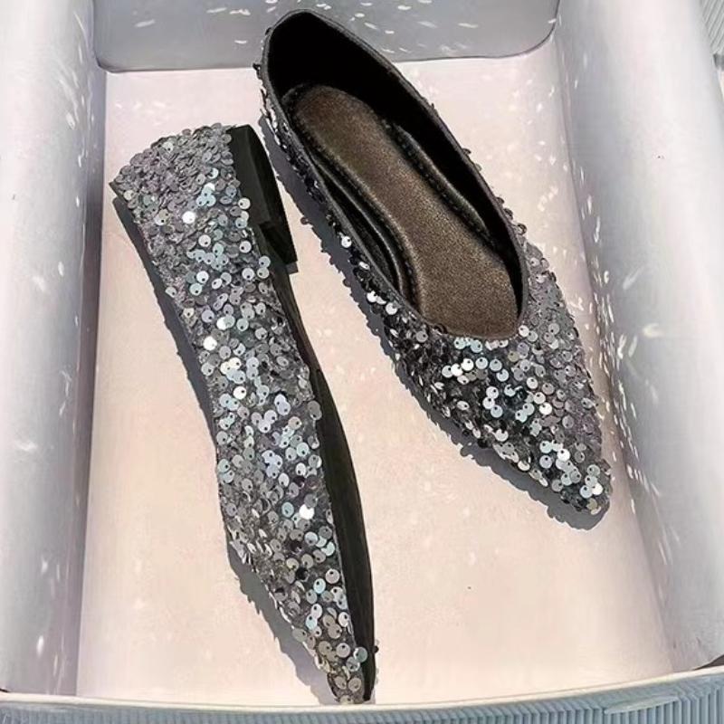 2025 Woman Fashion Pointed Toe Shoes Kawaii Solid Versatile Female Shoes Flats Bling Sequin Soft Sole Shallow Mary Jane Shoes