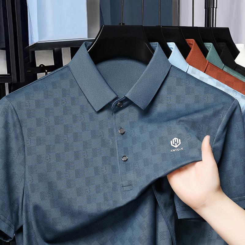 Summer Men's Plaid Printed Polo Shirt High-End Brand Business Leisure Seamless Short Sleeved Cool Lapel T-shirt Men's Clothing