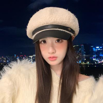 Korean Leather Brim Fashion Versatile Octagonal Hat Autumn and Winter Hat Women's Style Plus Velvet Warm Beret Temperament Newspaper Boy Hat