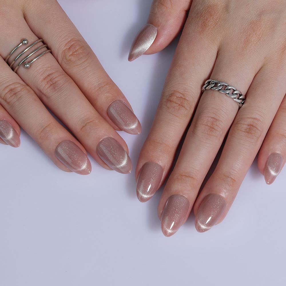 Short Almond Cat Eye French Smile Line Press-On Nails - 32 Pieces