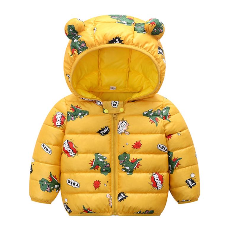 Children's Outerwear Autumn Winter 1-5 Years Baby Boy and Girl Hooded Lightweight Down Warm Jacket   Cartoon Dinosaur Zipper Coats Christmas