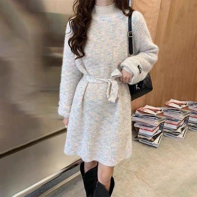 High Grade Dress Sweater for Women Autumn and Winter Medium Length Loose O Neck Long Sleeve Knit Sweater Lace Up Waist Up Dress