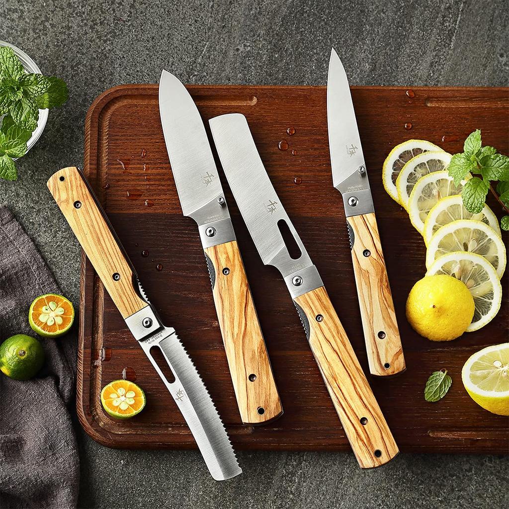 SENBON 440A Steel Folding Outdoor Camping Olive Wood Camping BBQ Set Knife, Portable, Knife, Knife, Handle, Travel, Petit, 4-Piece