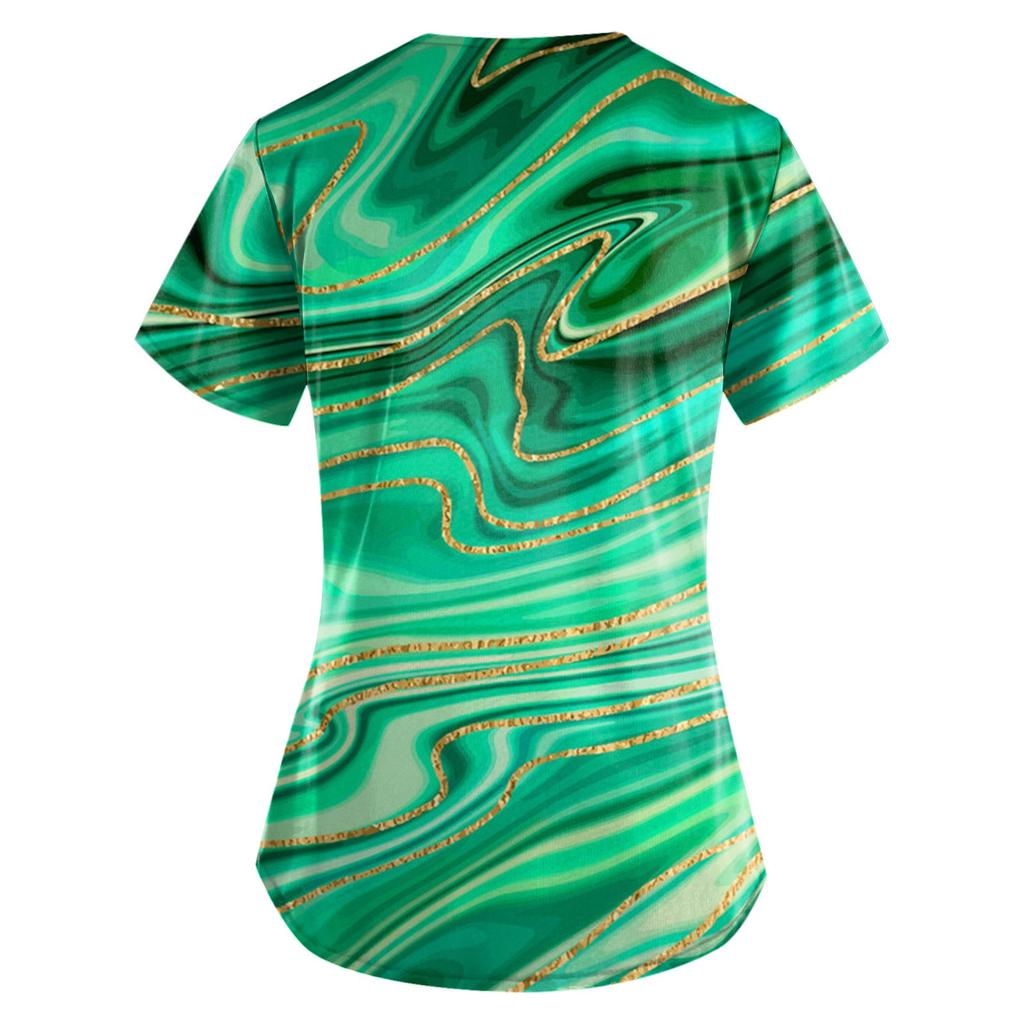 Women Fashion Spring And Summer Oil Painting Print V-neck Short Sleeve Workwear With Pockets Tops