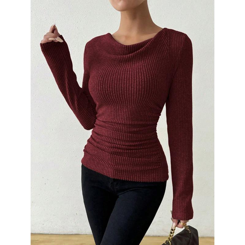 Women cowl neck ribbed knit side ruched slim long sleeve casual top S кларет