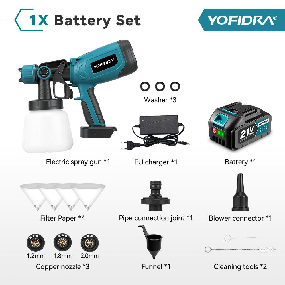 Yofidra 1000ML Electric Spray Paint Gun Home Cordless Sprayer Auto Furniture Steel Coating Airbrush For Makita 21V Battery Pin