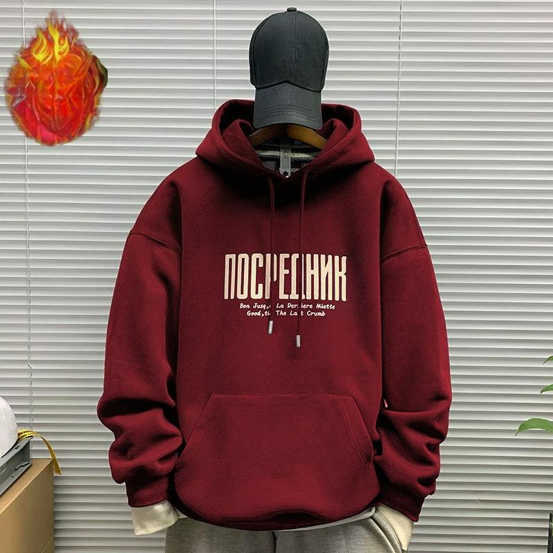 

Men s Hooded Sweater Ins Trend All-match Top Loose Plus Velvet Thick Top 3XL вина червоного кольору