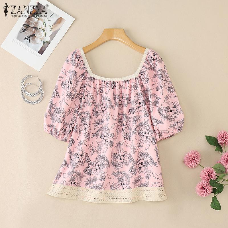 

ZANZEA Women Summer Lace Splice Square Collar Short Sleeve Print Blouse 5XL Темно-синій