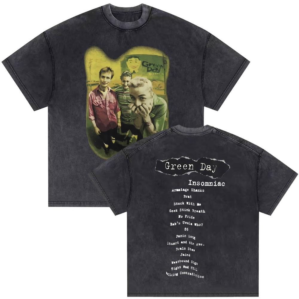 Washed Vintage Punk Band Green Day World Tour T Shirts Men Retro Gothic Rock Tshirt Male Cotton Casual Oversized Tshirts
