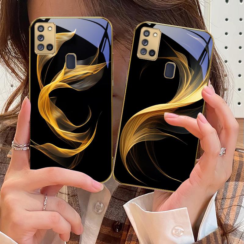 Floating golden ribbon For Samsung A 31 32 A33 A34 35 14 A15 13 16 25 26 50 52 53 54 55 56 70 71 72 73 Golden glass phone case