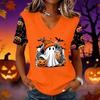 Women's Halloween Print V-Neck Short Sleeve Pullover Top for Casual Wear