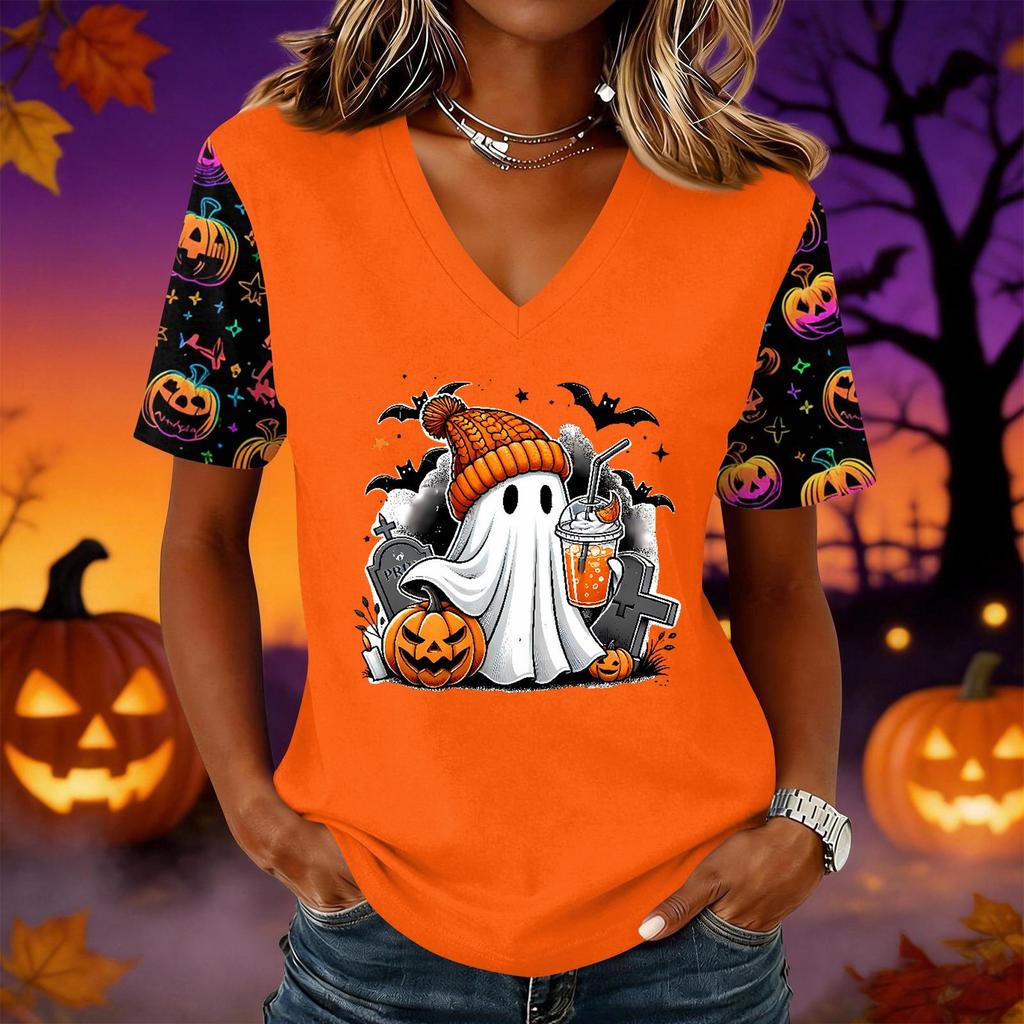 Women's Halloween Print V-Neck Short Sleeve Pullover Top for Casual Wear