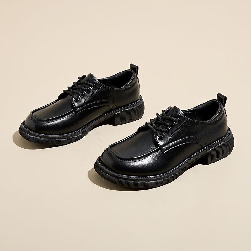 New black retro women's platform single shoes, soft-soled lace-up small leather shoes