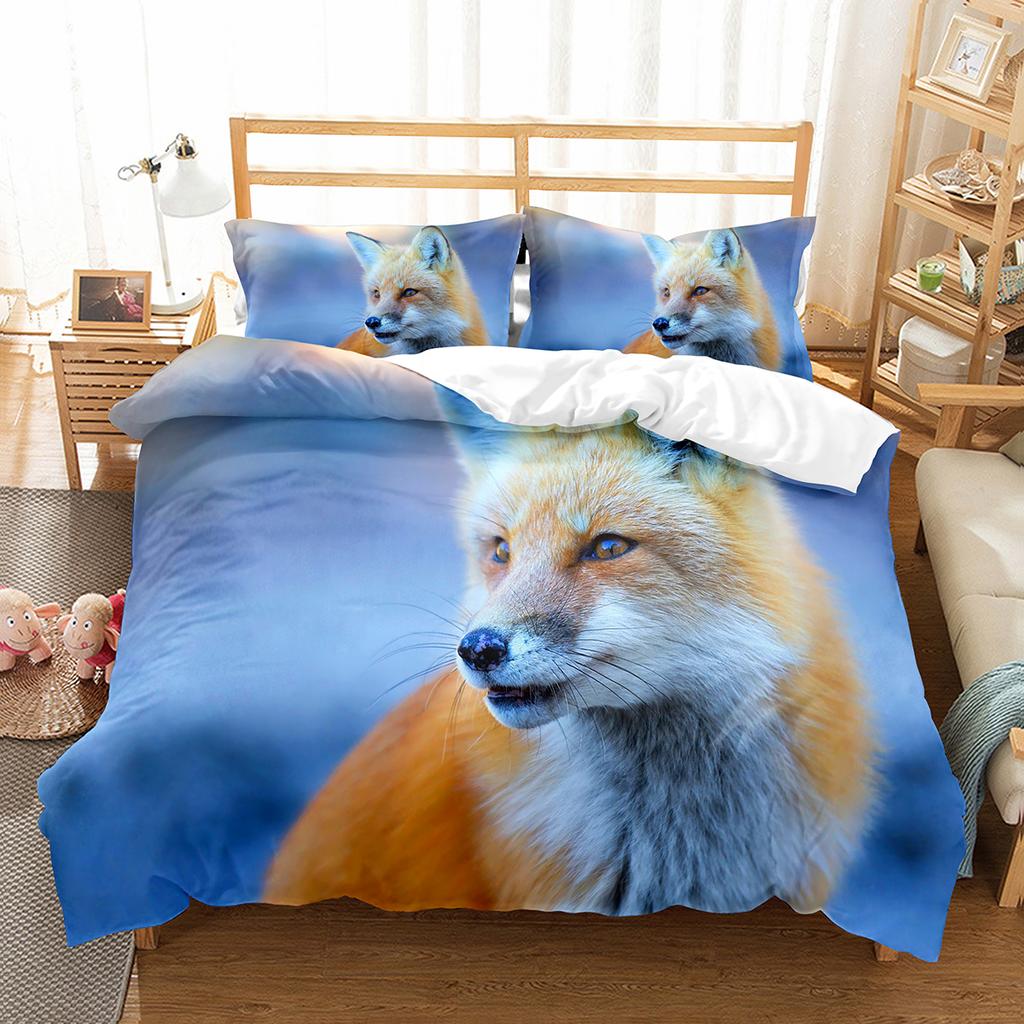 Fox Duvet Cover Set Cartoon Cute Fox Polyester Comforter Cover King Queen Full Size For Kid Boy Girl Bedding Set With Pillowcase