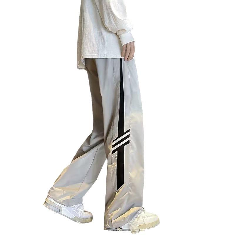 American Retro Hiphop Pants High Street Splicing Striped Sweatpants Men's Loose Straight Drape Wide-leg Pants