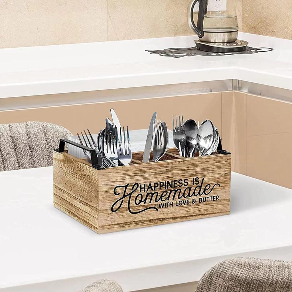 Dining Utensil Holder Cooking Tools Storage Divided Rustic Wood Organizer for