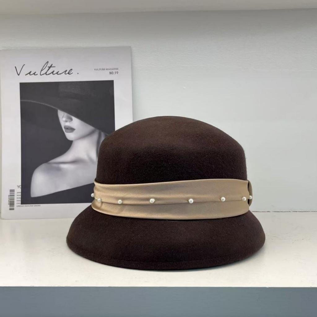 Autumn and Winter% Pure Wool Pearl Wrinkled Cloth with Decorative Small Brim Basin Hat Bucket Hat Women's Elegant Versatile Top Hat