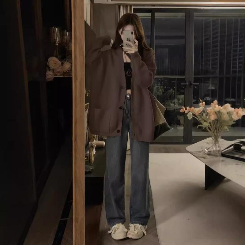 Weicher wachsartiger lässiger Windpullover Cardigan Damen Frühling und Herbst neu hochwertig V-Ausschnitt dünner Strickmantel