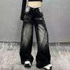 Women Gradient Washed Rivet Decor Wide Leg Denim Pants High Waist Baggy Jeans
